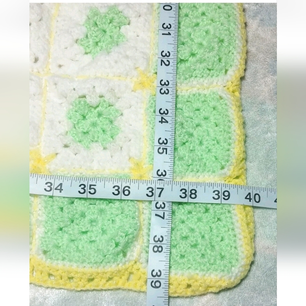 Hand Knit Crochet Blanket, Crib/Twin Green White Yellow 39"x40" Project Linus - Picture 6 of 7